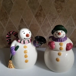 Snowmen Sugar Bowl w/Lid & Cream Pitcher Individual-Size Glazed Ceramic - Picture 1 of 9