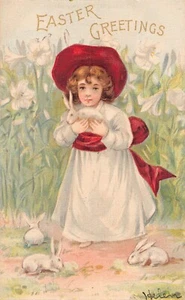 Easter Rotograph Girl Child Holding a Bunny Rabbit UDB - Picture 1 of 2
