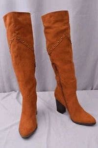 Bamboo Woman's Size 8.5 Knee High Boots Brown Faux Sued Zip up Lined Block Heels - Picture 1 of 7