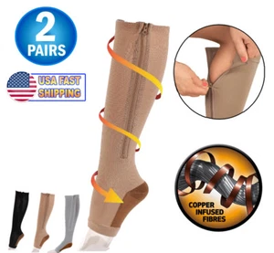 2 Copper Infused Zipper Compression Socks - Zip Up Circulation Pressure Stocking - Picture 1 of 11