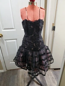 Vintage LILLIE RUBIN Black Lace Pink Sequins Party Cocktail Evening Dress SZ M - Picture 1 of 8