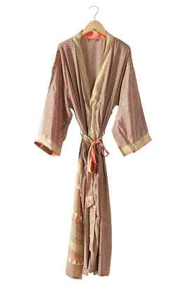 Maxi bata de noche vintage de seda pura kimono sari vestido largo chaqueta ropa de dormir naranja Foto 1 de 3