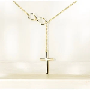 NEU 14K Gelbgold plattiert Infinity Kreuz Christliche Kette Halskette Schmuck B29A - Bild 1 von 3