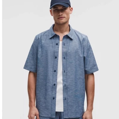 Camisa Lululemon Lululinen Para Hombre Manga Corta Abotonada Azul Jaspeado Talla XXL Foto 1 de 4