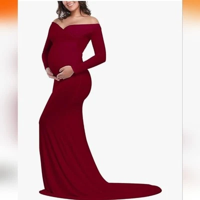 Maternity Fitted Gown Off The Shoulder Maxi Stretch Elegant Burgundy Size Medium - Image 1 of 4