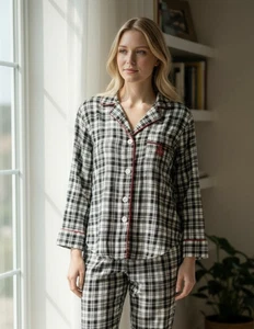 Lauren Ralph Lauren Sz S Flannel Pajama Shirt, Black/White Plaid. NS-3 - Picture 1 of 11