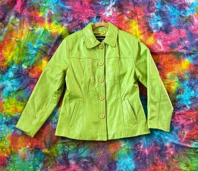Chaqueta Blazer Vintage Años 90 Y2K Cuero Suave Cuello Verde Lima 5 Botones Mediana Foto 1 de 4