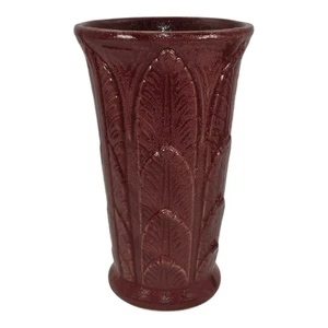 Robinson Ransbottom 1950s Vintage Ohio Pottery Leaves Feathers Burgundy Red Vase - Picture 1 of 6