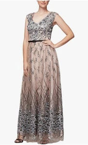 Alex Evenings Size 12 Embroidered Gown Cap Sleeve Nude/Black Maxi Dress Ethereal - Picture 1 of 14