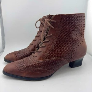 Nicole Claudia Vintage Brown Lace-Up Woven Leather Ankle Lace Up Boots Sz 7 - Picture 1 of 11