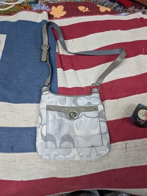 Coach Penelope F17479 Gray Jacquard Signature Crossbody Bag Patent Trim - Image 1 of 4