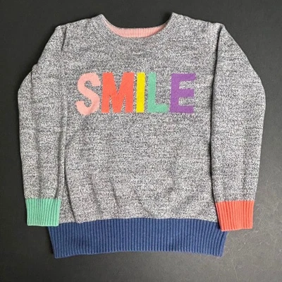 Gap Kids Gray Heather Knit Sweater SMILE Applique Pink Blue Green Coral XS 4-5 - Image 1 of 4