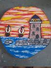 New Acrylic Painting On A Wood Slice 26cm Across Lighthouse And Boats