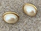 Vintage Signed Trifari Blush Pink Oval Faux Pearl Cabochon Clip-On Earrings