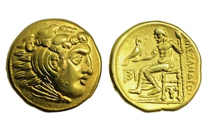 24K GOLD PLATED GREECE MACEDON MACEDONIA DRACHM ZEUS ANCIENT COIN MUSEUM REMAKE - Zdjęcie 1 z 9