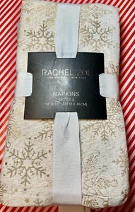 SET OF 6 HOLIDAY FABRIC  NAPKINS 18 X 18  GOLD SNOWFLAKES ON BEIGE & GOLD - Picture 1 of 11