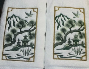 CHINOISERIE RIVER PAGODA Asian HAND TOWELS EMBROIDERED SET Beautiful - Picture 1 of 3