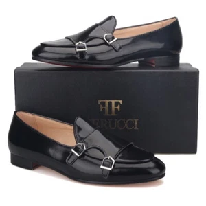 Ferucci schwarze Leder Doppelmönch Halbschuhe Hausschuhe flach Abschlussball Hochzeit - Bild 1 von 10
