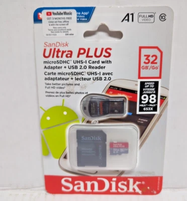 New SanDisk Ultra Plus 32GB Class 10 MicroSDXC Memory Card Adapter + USB 2.0 C7 - Image 1 of 2