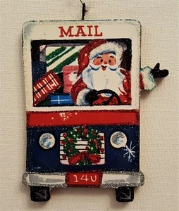 SANTA CLAUS in MAIL TRUCK w/ GIFTS * Glitter CHRISTMAS ORNAMENT * Vtg Img - Picture 1 of 1