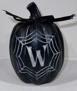 Mini Black Pumpkin Ceramic Spiderweb "W" Monogram Fall Halloween Decor Small NEW - Picture 1 of 11