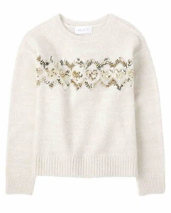 Children’s Place Girls Size 5/6 Ivory Sequin Heart Pullover Top Sweater - Picture 1 of 6