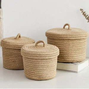Round Jute Woven Basket Snack Case With Cover - Eco-Friendly Sundries Container - Picture 1 of 16