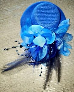 womens BLUE VELVET HAT FLOWERS HAIR CLIP  FEATHERS one size fits most SO CUTE!