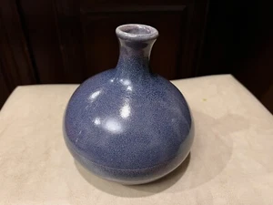 Vintage Handmade 5.5” Pottery Vase Blue With Red Striped Design Signed Pottery - Picture 1 of 8