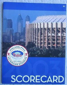 Tarjeta de puntuación Philadelphia Phillies 2003 Veterans Stadium en muy buen estado/excelente estado - Imagen 1 de 7