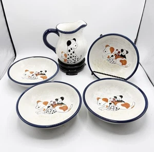 Creatively Yours Pitcher & Set Of 4 Bowls Dog Theme Cereal Ceramic Dalmatian - Picture 1 of 3