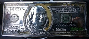 $100 Bill Ben Franklin Metal Belt Buckle 6.5in X 2.75in Silver Tone Prop - Picture 1 of 7
