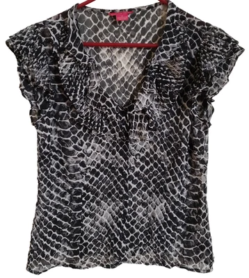 Y2K Sunny Leigh Top Womens Medium Black White Snake Print Ruffle Sheer Blouse - Image 1 of 4