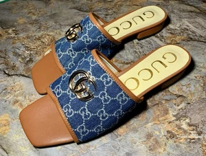 GUCCI Marmont Jolie Slide Sandalen Gr. 41 US 21 flach blau GG Monogram Pantoletten - Bild 1 von 11