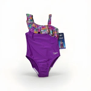 Speedo Youth Swimsuit Size Small Purple Ruffles Stretchy Comfy Adorable NWT - Picture 1 of 14