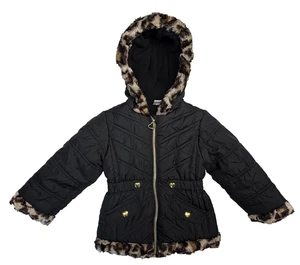 Okie Dokie Girls 4T Coat Black Puffer Jacket Leopard Faux Fur Trim - Picture 1 of 3