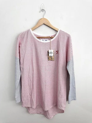 New Elm Stella Striped Long Sleeve Tee Top Size 10 Red Navy Blue Drop Shoulder - image 1 of 4