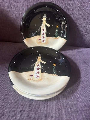 Plato de cena primitivo de Navidad "Midnight Snowman" 11” Becca Barton/Int'l juego de 4 Foto 1 de 4