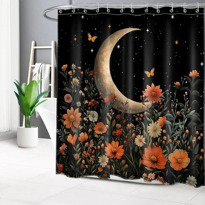 Night Starry Sky Boho Moon Orange Floral Shower Curtain Set for Bathroom Decor - Image 1 of 4