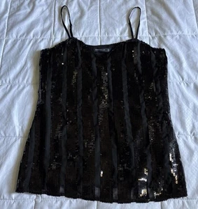 Karen Millen Black Sequin Cami Tank Top Women UK 6 US 2 V Neck Adjustable Lined - Picture 1 of 12