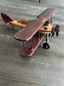 Vintage Real Wood Biplane Model Airplane Turrets Propeller 13" Wingspan 12" - Picture 1 of 15
