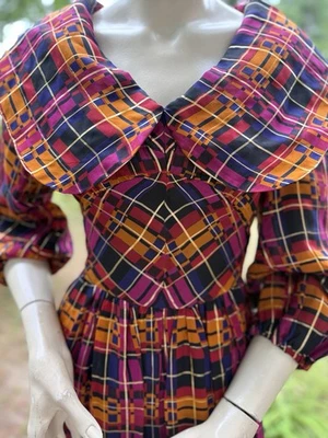 VINTAGE ARNOLD SCASSI VIBRANT SILK PLAID MAXI DRESS IMAGINATIVE CUT - Image 1 of 4