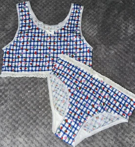 Vintage Girls Kids 2Pc Crop Top & Underwear Set Sz Medium 8-10 Blue Gingham - Picture 1 of 8