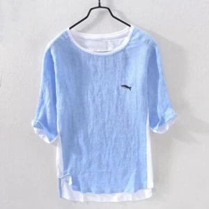 Men Japanese Cotton Linen Patchwork T-Shirt 3/4 Sleeve Loose Breathable - Picture 1 of 15