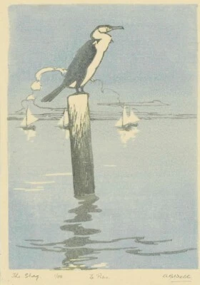 The Shag – Archibald Bertram Webb – Coastal Woodcut Seabird Scene Art Print - Image 1 of 2