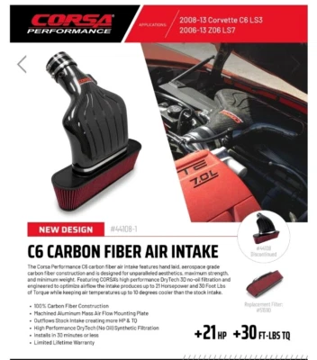 Corsa Performance carbon fiber cold air intake upgrade kit 2008-13 C6 6.2 LS3 - Image 1 of 4