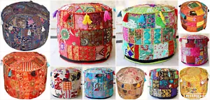 18" Vintage Pouf Ottoman Round Indian Ottoman Cover Pouf Pouffe Footstool Ethnic - Picture 1 of 48