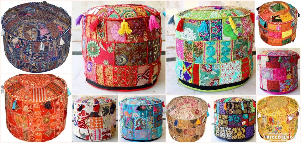 18" Vintage Pouf Ottoman Round Indian Ottoman Cover Pouf Pouffe Footstool Ethnic - Image 1 of 1
