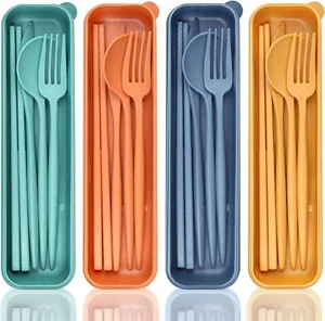 Reusable Travel Utensils with Case, 4 Sets Wheat Straw Portable Cutlery Set C... - Picture 1 of 2
