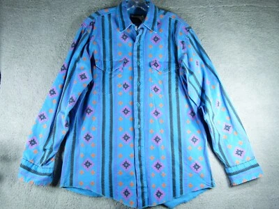 Retro 90s Wrangler Blue Orange Geometric Aztec LS Shirt 16.5 35 Reg. Fit - Image 1 of 4